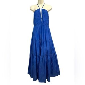 Bird & Knoll Maxi Dress Women S Blue Silk Blend Tiered Halter Plunge Coastal